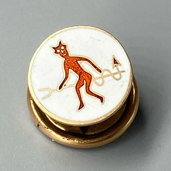 Antique Guilloche Red Devil on Pitchfork Enamel 10K Secret Society Pin Stief Co.
